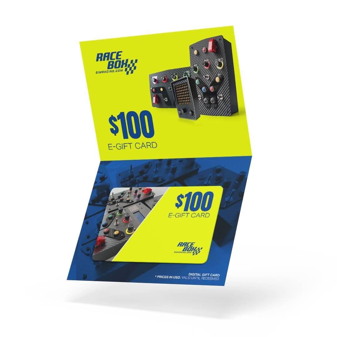 e-Gift Card by Racebox Sim Racing; two $100 gift cards in neon yellow and blue