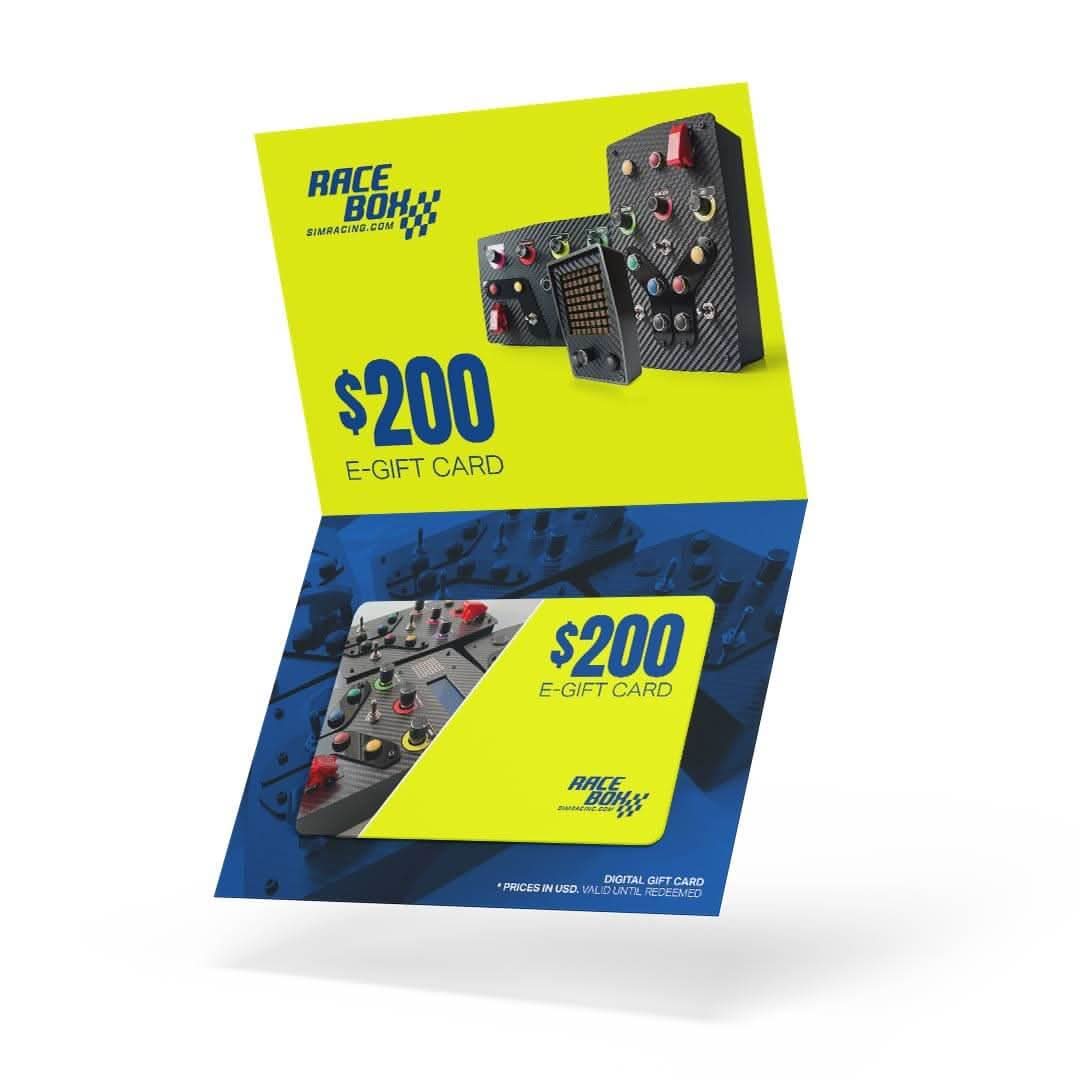 e-Gift Card by Racebox Sim Racing; two $200 cards in neon yellow and blue design